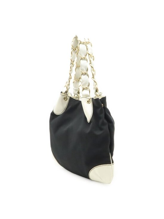 CHANEL Paris CC Black Canvas White Leather Tote Bag Chanel CC Logo Big Chain Tote Shoulder Canvas Leather Black White Gold
